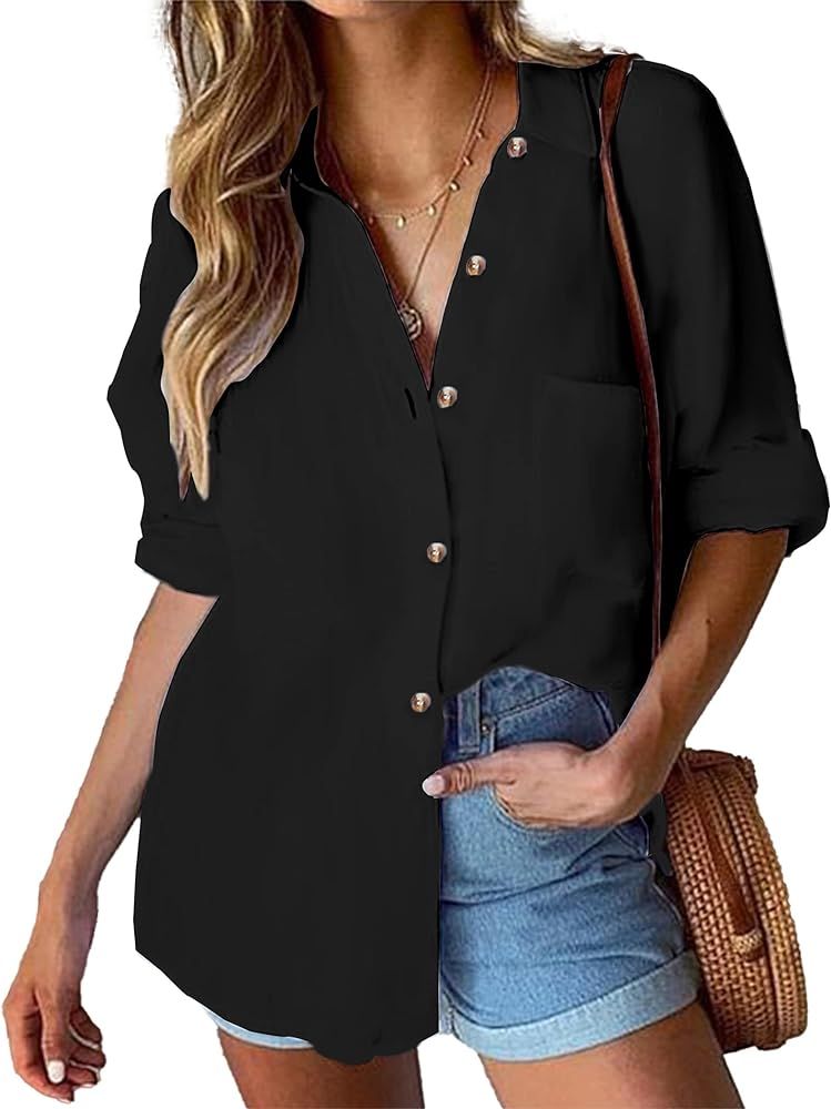 Hotouch Womens Cotton Button Down Shirt Casual Long Sleeve Loose Fit Collared Linen Work Blouse Tops | Amazon (US)
