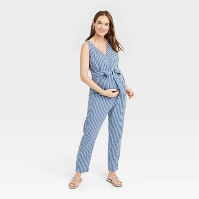 The Nines by HATCH™ Sleeveless Tie Maternity Jumpsuit Navy Blue Striped | Target