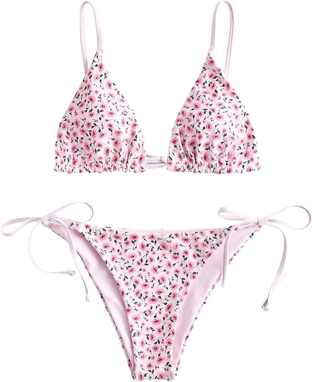 ZAFUL Women's Triangle Bikini Floral String Bikini Set Two Piece Swimsuit Bathing Suits | Amazon (US)