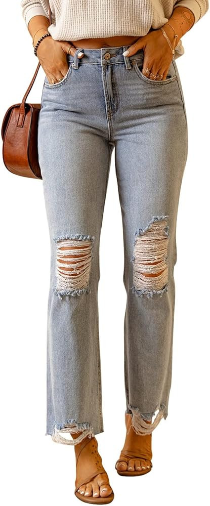 Tosipolid High Waisted Jeans for Women Casual Blue Distressed Slits Holes Frayed Jeans Pocket Ripped | Amazon (US)