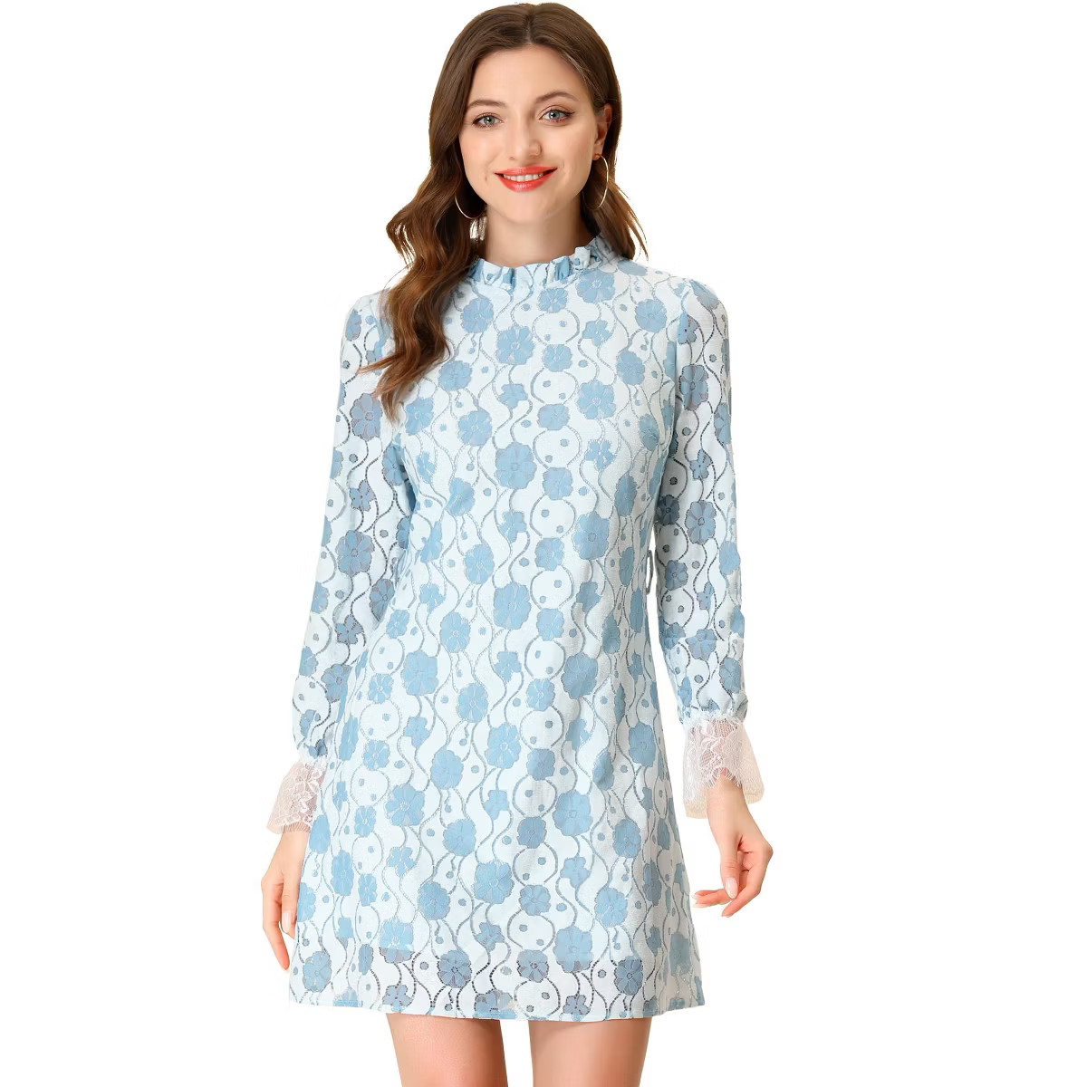 Allegra K Women's Elegant Ruffle Crew Neck Formal Elegant Mini Floral Lace Dress | Target