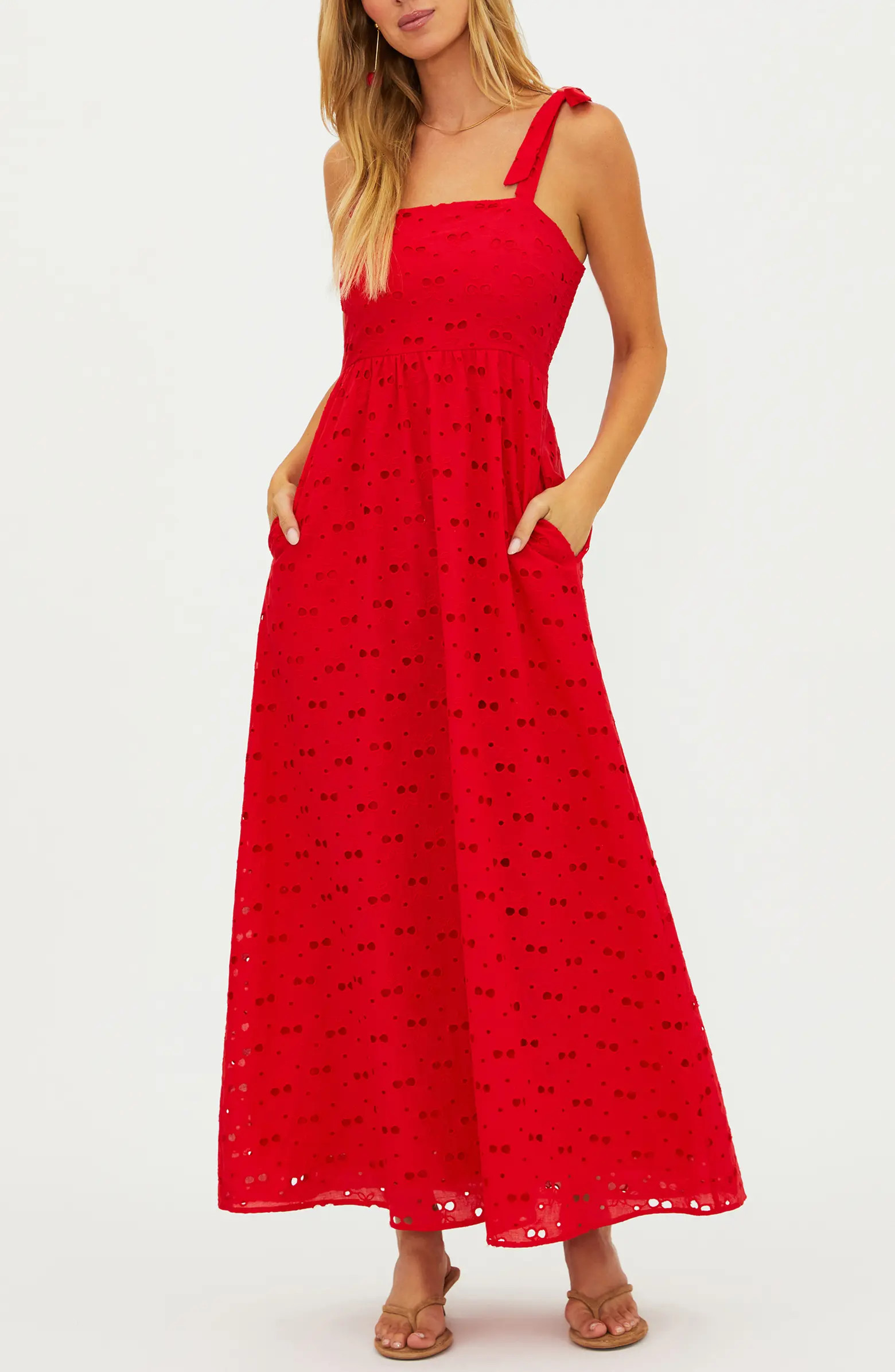 Charlotte Eyelet Tie Shoulder Midi Dress | Nordstrom