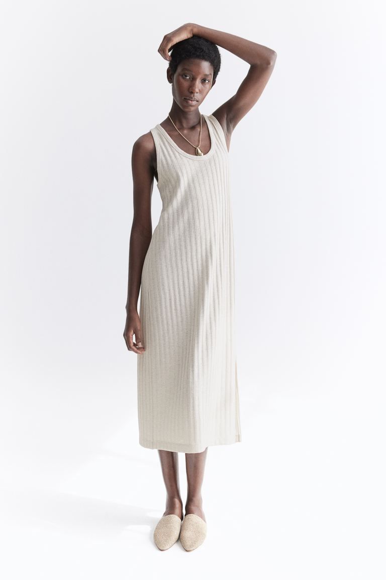 Rib-knit Dress - Low-cut Neckline - Sleeveless - Light beige - Ladies | H&M US | H&M (US + CA)