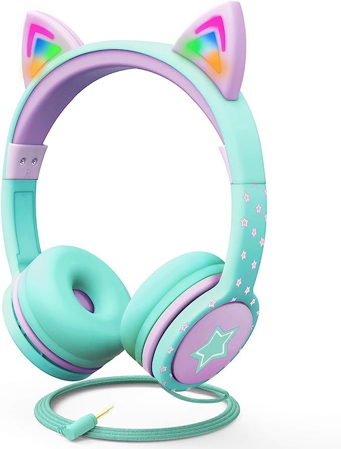 FosPower Kids Headphones with LED Cat Ears, 3.5mm On-Ear Wired Headset with Laced Cables for iPad... | Amazon (US)