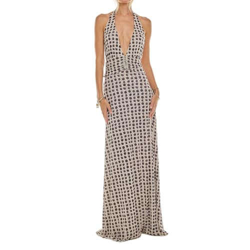 Womens Polka Dot Print Halter Maxi Dress Deep V Neck Backless Bodycon Long Dresses Y2k Formal Cocktail Going Out Beach with Scarf Sleeveless Vacation Beachdress | Amazon (US)