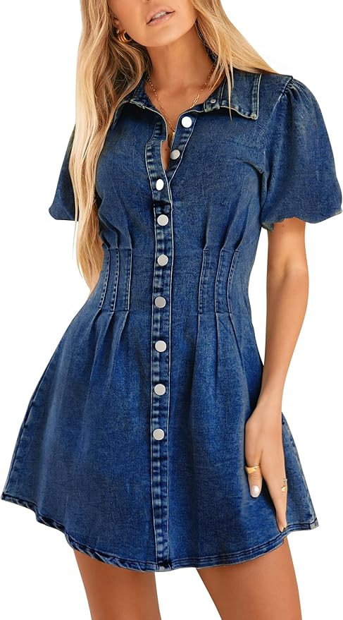 KDF Summer Denim Dress for Women Puff Sleeve Slim Fit Jean Dresses for Women 2025 Casual | Amazon (US)