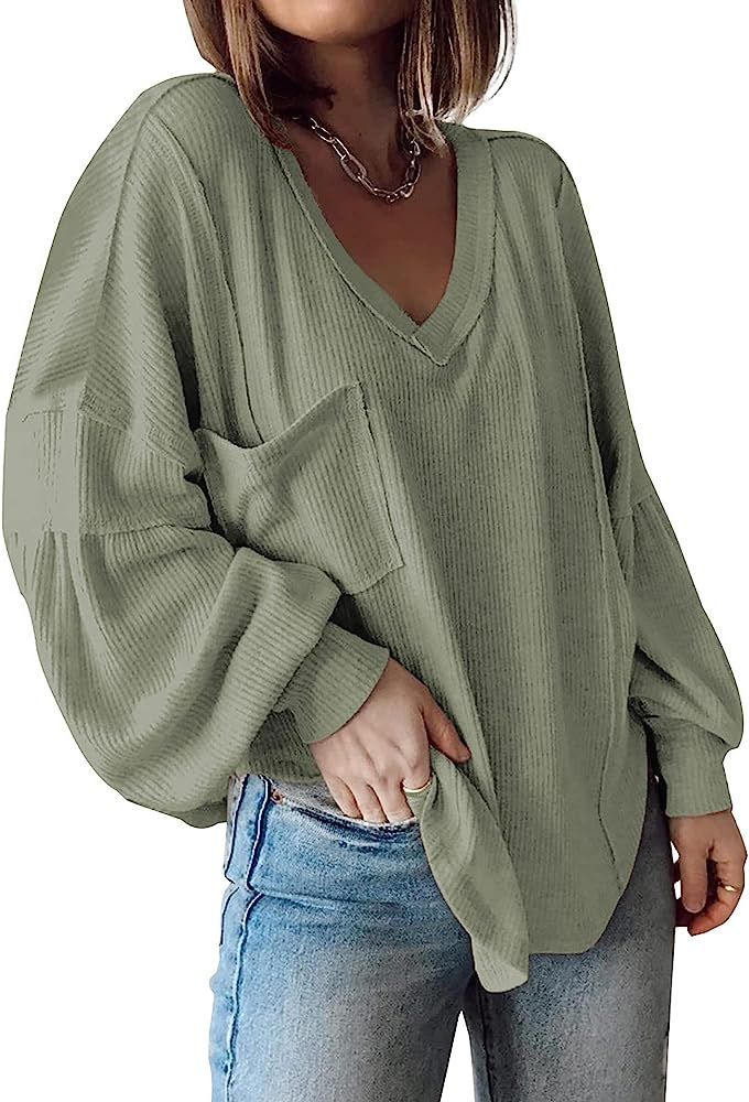 BTFBM Women Casual V Neck Ribbed Knitted Shirts Tunic Tops Christmas Balloon Long Sleeve Pullover Bl | Amazon (US)