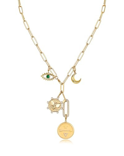 PAVOI 14K Yellow Gold Plated Lariat Necklace for Women | Statement Paperclip Chain with Removable Charms – Evil Eye, Moon, Bumble Bee, Arrow, and Gemstone Disc | Elegant Gold Jewelry | Amazon (US)