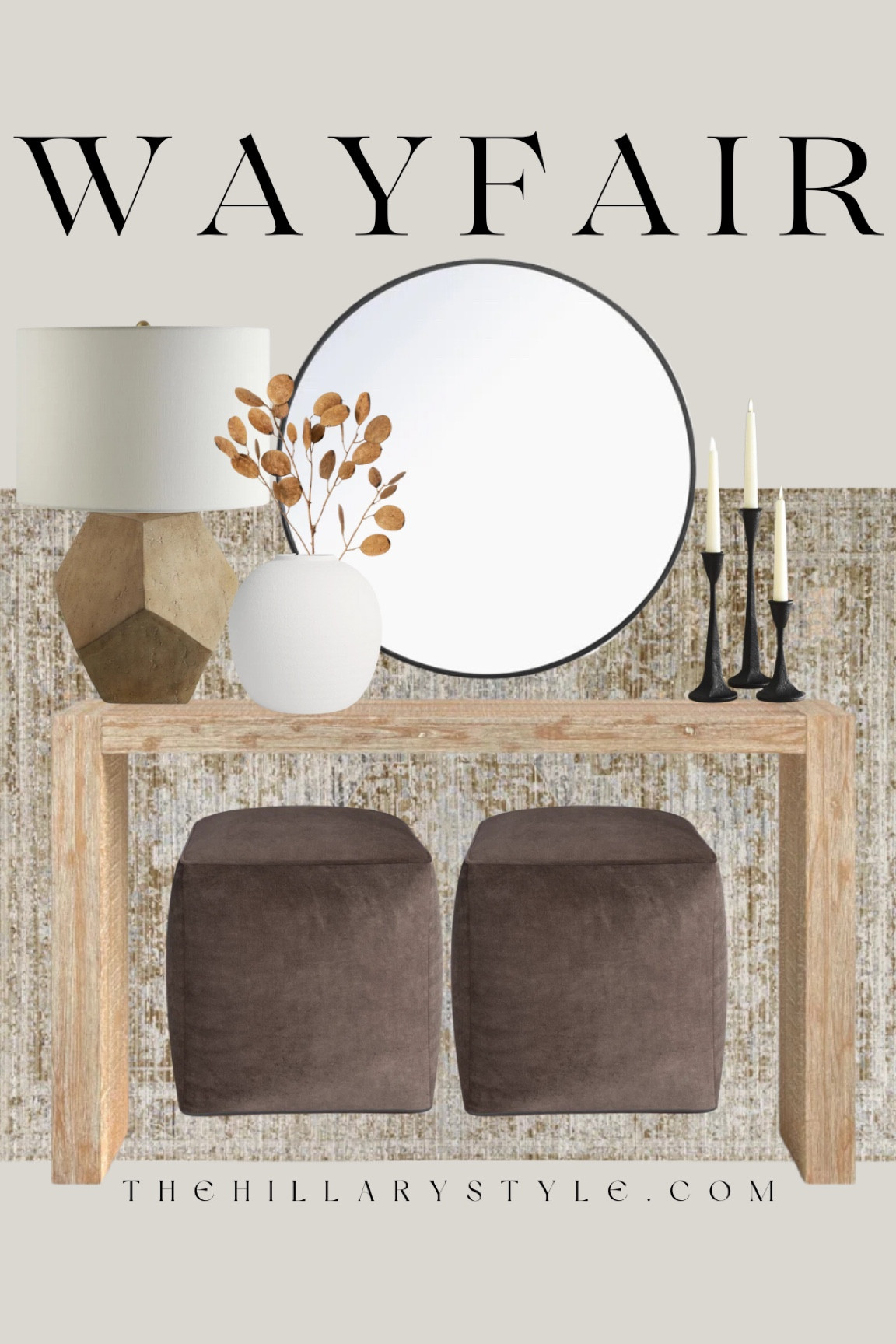 Wayfair Console Styling: area rug, ottoman, lamp, wall mirror, candlestick holders, vase, fall stems. 

#LTKxWayfair #LTKHome #LTKSeasonal