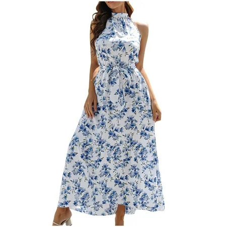 Womens Summer Dresses for Island Vacation Knee Length Floral Sundress Halter Belt Sleeveless Casual  | Walmart (US)