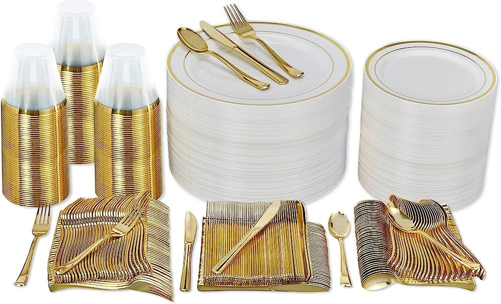 Prestee 600-Piece Gold Plastic Disposable Dinnerware Set (100 Guests), 100 Gold Disposable Plates... | Amazon (US)