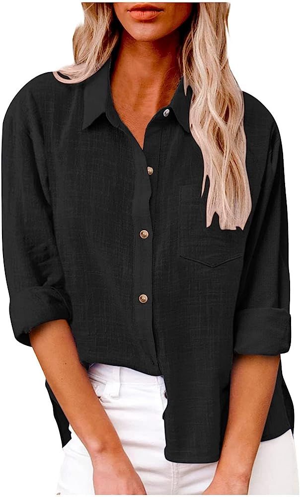 Women's Cotton Linen Button Down Shirt Long Roll Up Sleeve Casual Collared Blouse Elegant Work Bu... | Amazon (US)