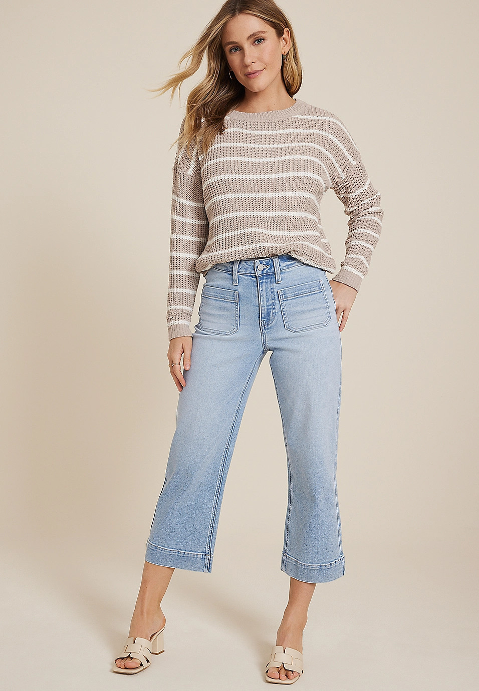 m jeans by maurices™ Light High Rise Patch Pocket Wide Leg Cropped Jean | Maurices