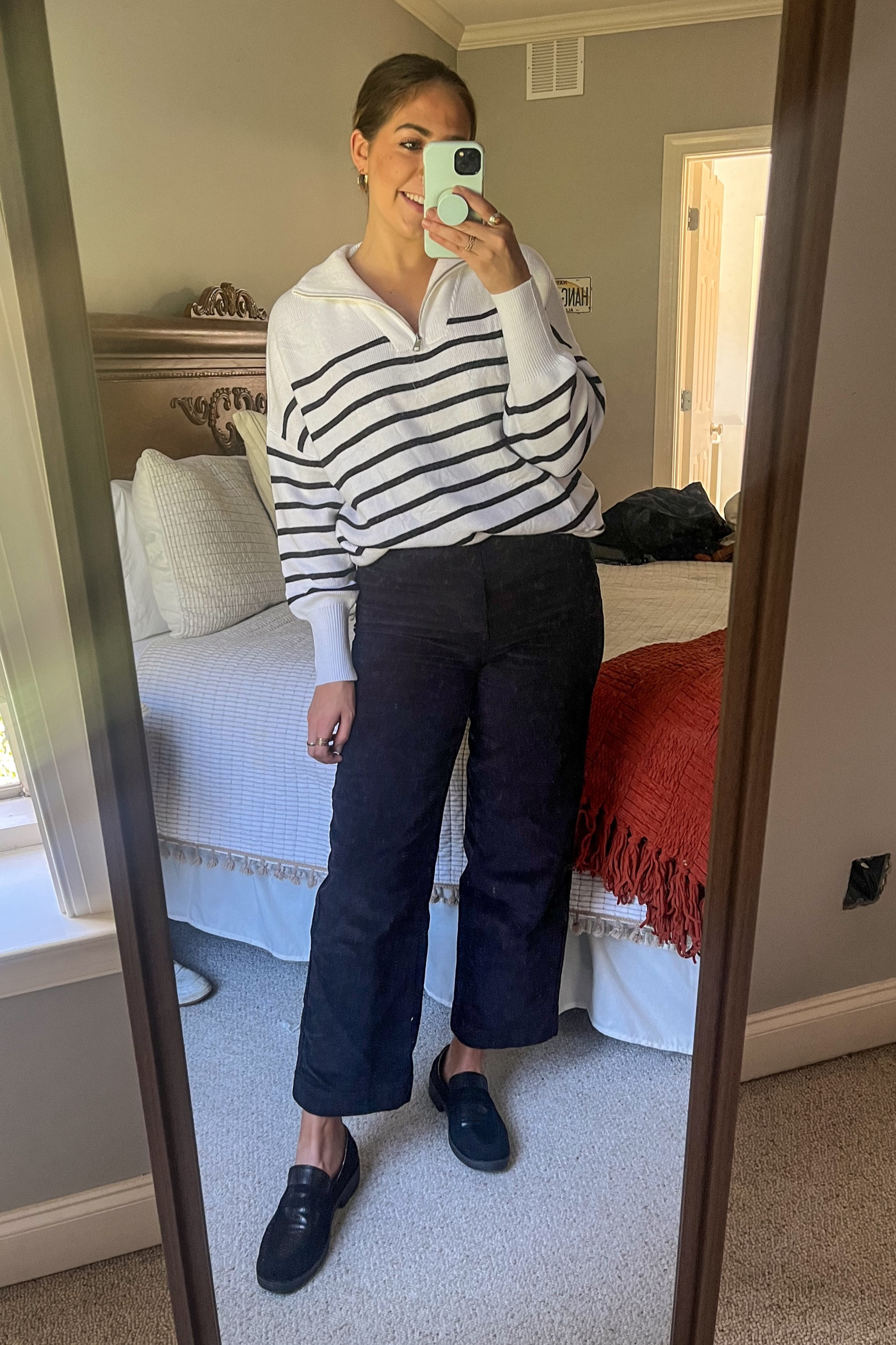 I love this striped pullover sweater from Amazon. It is so buttery and soft. These corduroy pants are from Everlane and I LOVE them. They are so flattering. I got a size 8 but could have fit a 6- so if you are in between sizes do down! #ltkfallfashion #ltkfalloutfits #amazonfallfashion