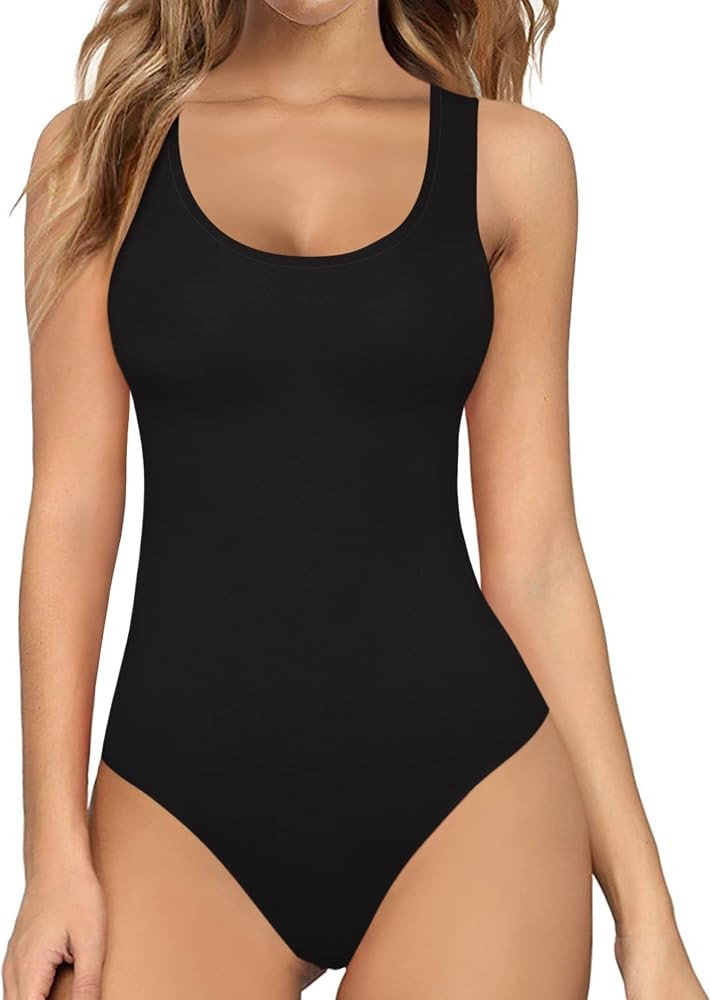 MANGOPOP Womens Scoop Neck Sleeveless Tank Top Bodysuits Sexy Backless Ribbed Body Suits Jumpsuit | Amazon (US)