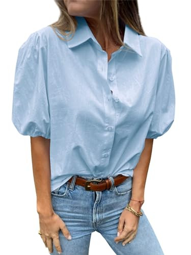 Tankaneo Women's Button Down Shirts Short Puff Sleeve Collared Dressy Casual Blouse Tops | Amazon (US)