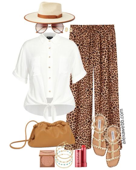 Plus Size Vacation Outfit by Alexa Webb. A plus size outfit perfect for a beach vacation with leopard palazzo pants, a tied shirt, and studded sandals.

#LTKSeasonal #LTKstyletip #LTKplussize