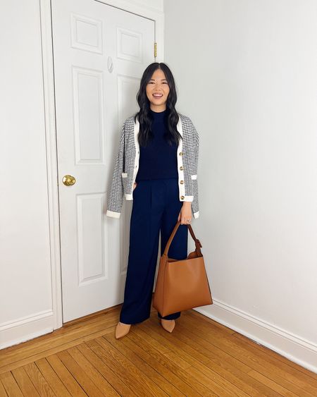 White cardigan (XS)
Textured cardigan
Navy sleeveless sweater (XS)
Navy top
Navy pants (27P)
Navy wide leg pants
Navy trousers
Brown tote bag
Tan mule pumps (1/2 size up)
Smart casual outfit
Business casual outfit
LOFT outfit


#LTKfindsunder50 #LTKstyletip #LTKworkwear