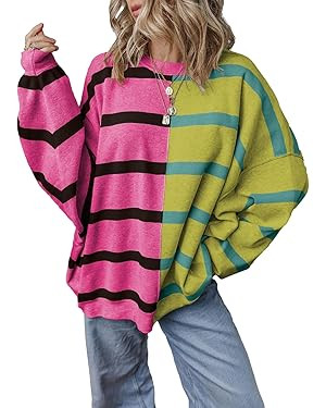 EVALESS Womens Striped Sweaters Long Sleeve Cable Knitted Color Block Casual Loose Lightweight Ov... | Amazon (US)
