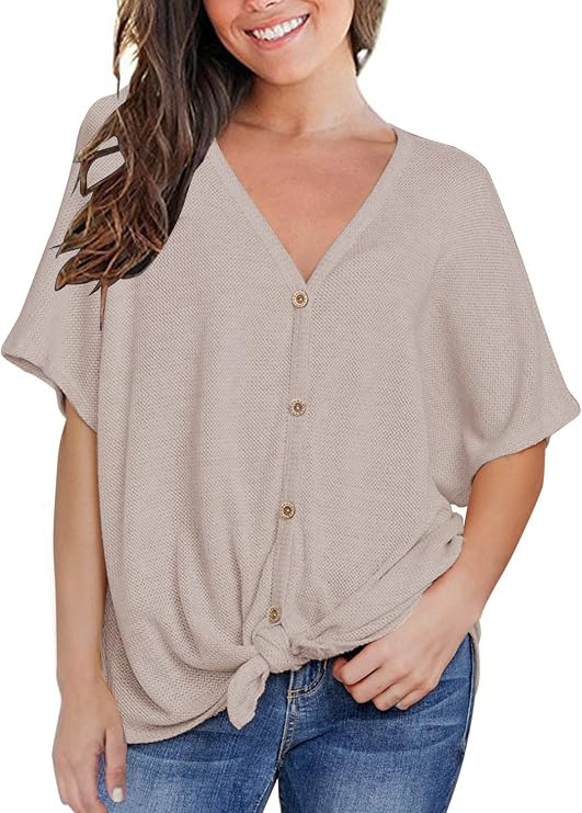 MIHOLL Womens Loose Blouse Short Sleeve V Neck Button Down T Shirts Tie Front Knot Casual Tops | Amazon (US)