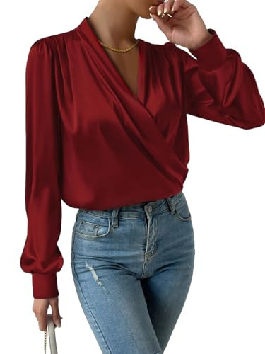 Vrtige Women's Satin Silky Draped Wrap V Neck Ruched Long Sleeve Blouse Shirt Top Burgundy X-Small | Amazon (US)