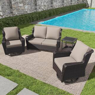 4-Piece Outdoor Wicker Patio Conversation Set with Swivel Rocking Chairs and Beige Cushions | The Home Depot