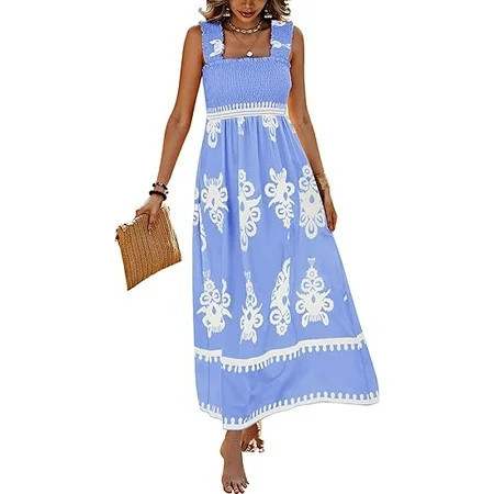 PRETTYGARDEN Womens Summer Boho Maxi Dress Casual Sleeveless Square Neck Floral Aline Smocked Beach Dresses with Pockets | Walmart (US)
