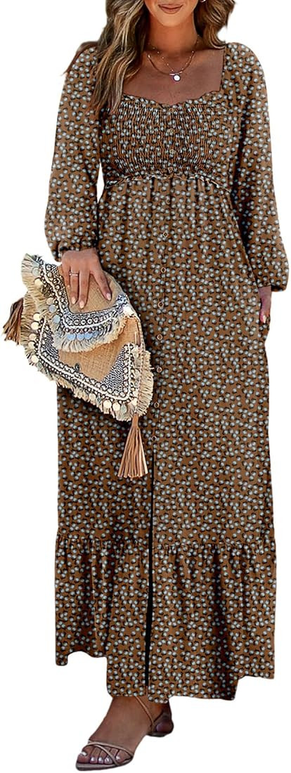 Dokotoo Womens Dresses 2025 Boho Floral Smocked Square Neck Long Sleeve Button Down Beach Long Ma... | Amazon (US)