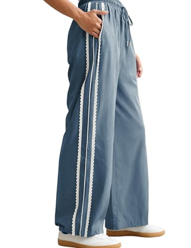 Yeokou Women's Wide Leg Pants Side Stripe Crochet Slip on Drawstring Casual Running Track Palazzo... | Amazon (US)