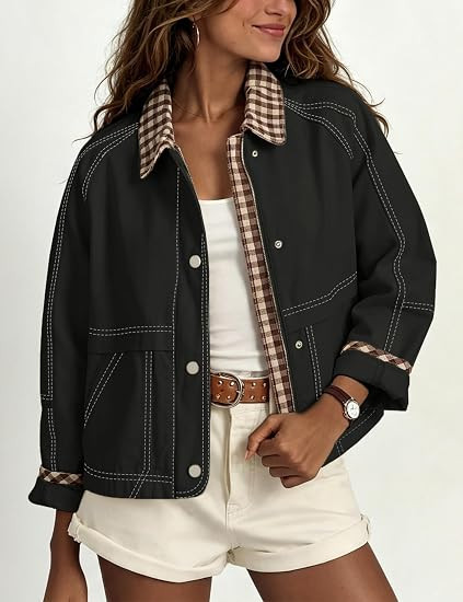 Aimiray Women's Barn Cropped Jacket Lightweight Vintage Plaid Bomber Coat | Amazon (US)