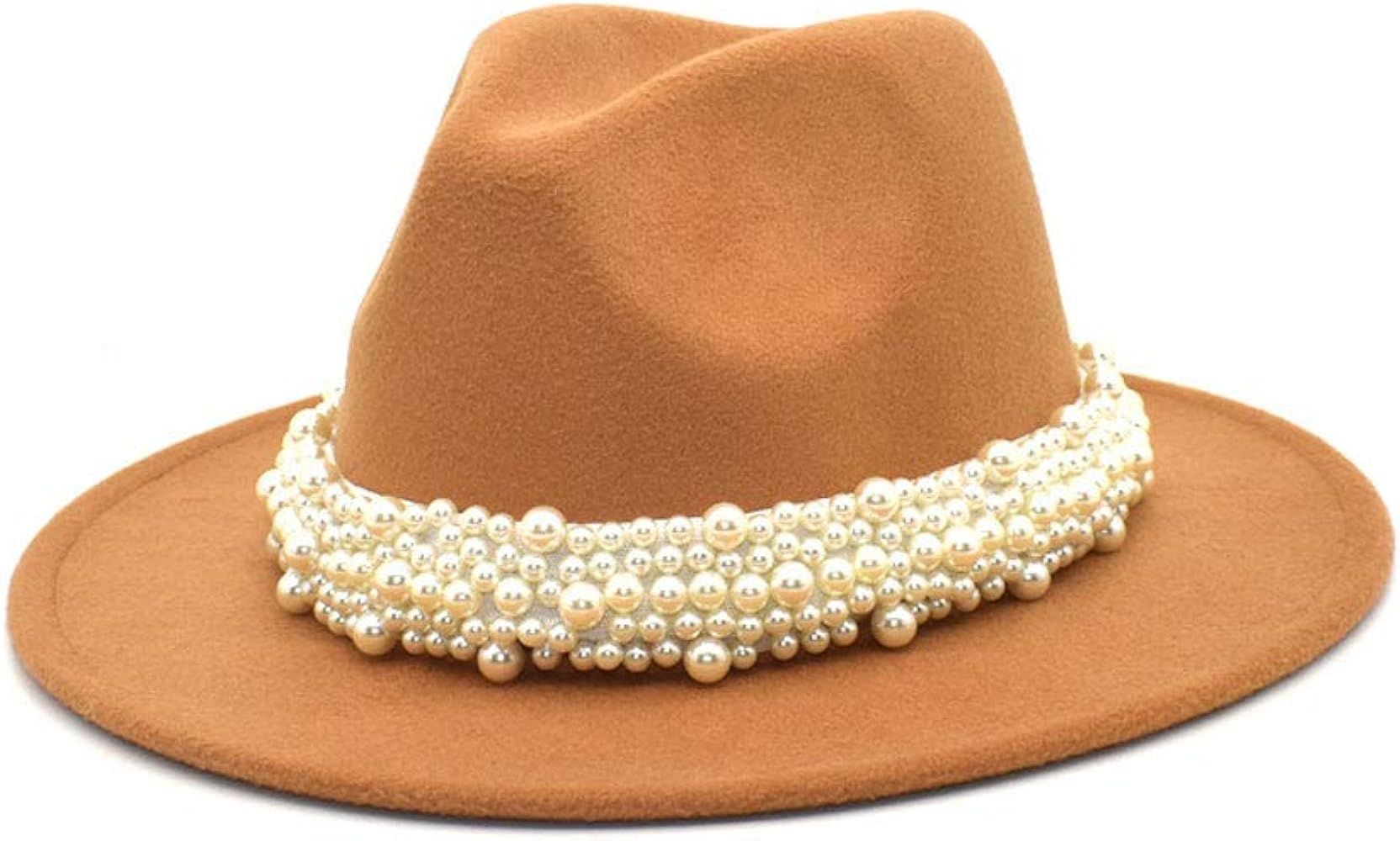 PAODIKUAI Women's Pearl Band Black Fedora Hat Ladies Wide Brim Fedora Hat Panama Hat | Amazon (US)