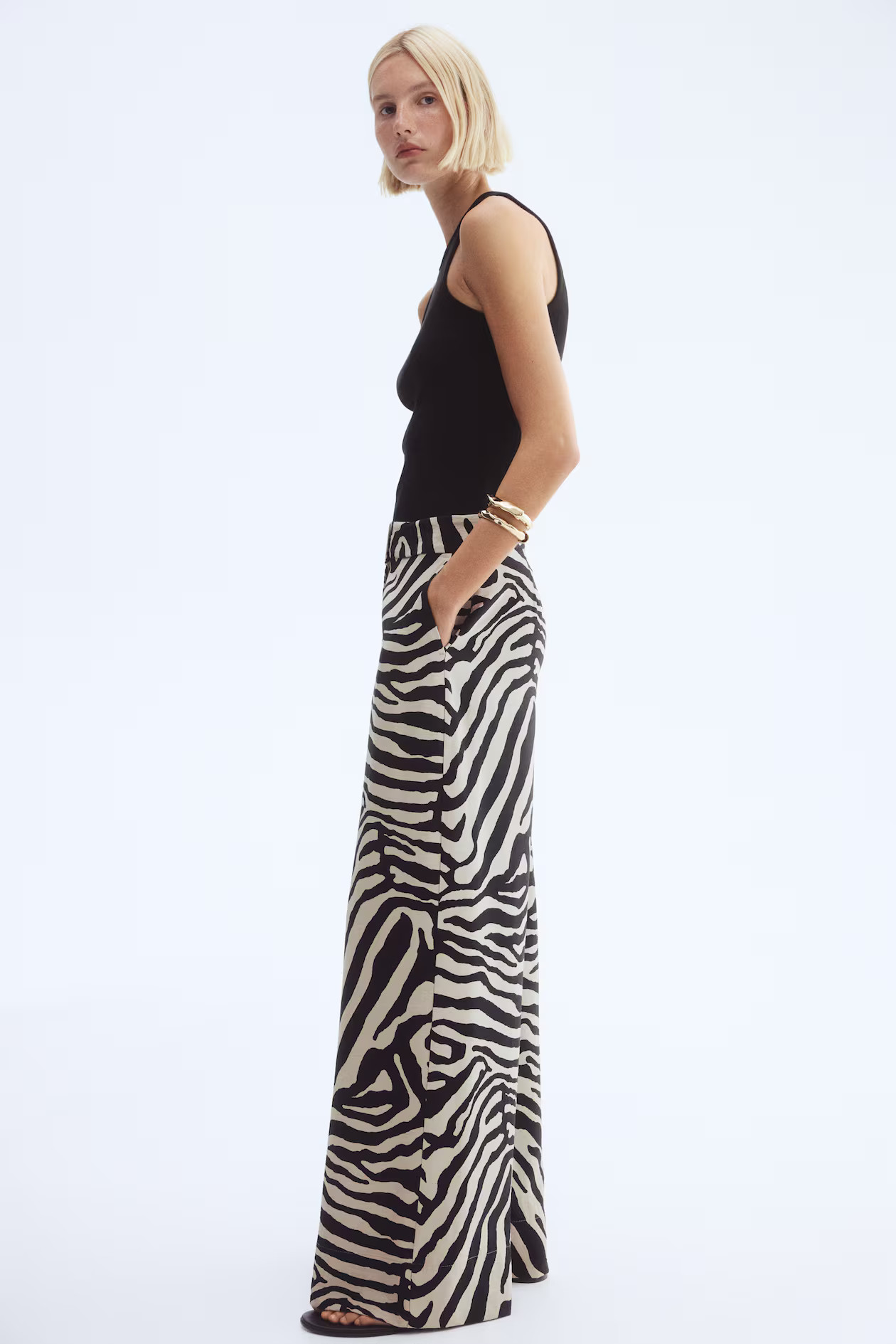 Wide twill trousers - Light beige/Zebra print - Ladies | H&M GB | H&M (UK, MY, IN, SG, PH, TW, HK)