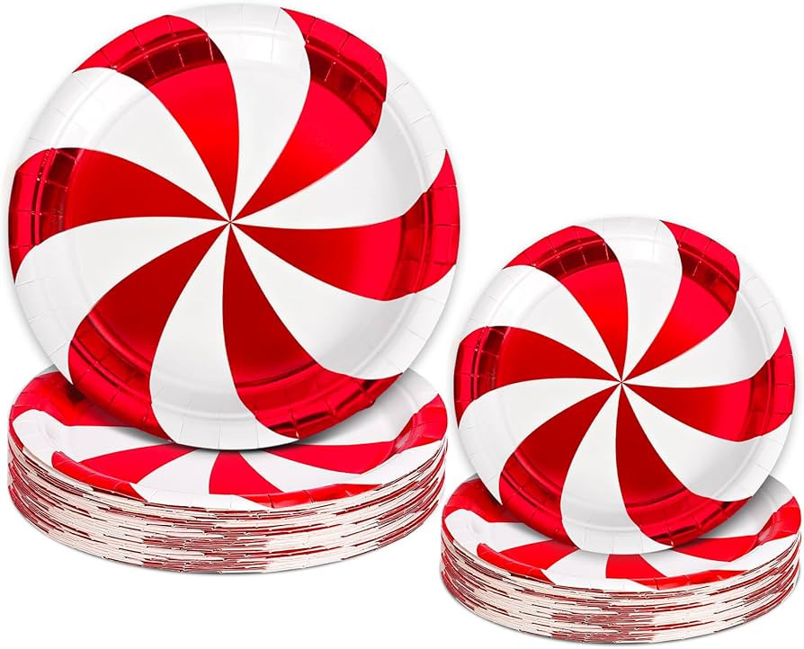 Christmas Candy Paper Plates Xmas Foil Red White Candy Cane Stripe Disposable Plates 7 & 9 Inch P... | Amazon (US)