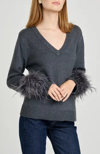 WAYF Bethany Feather Trim Sweater in Charcoal at Nordstrom Rack, Size Large | Nordstrom Rack
