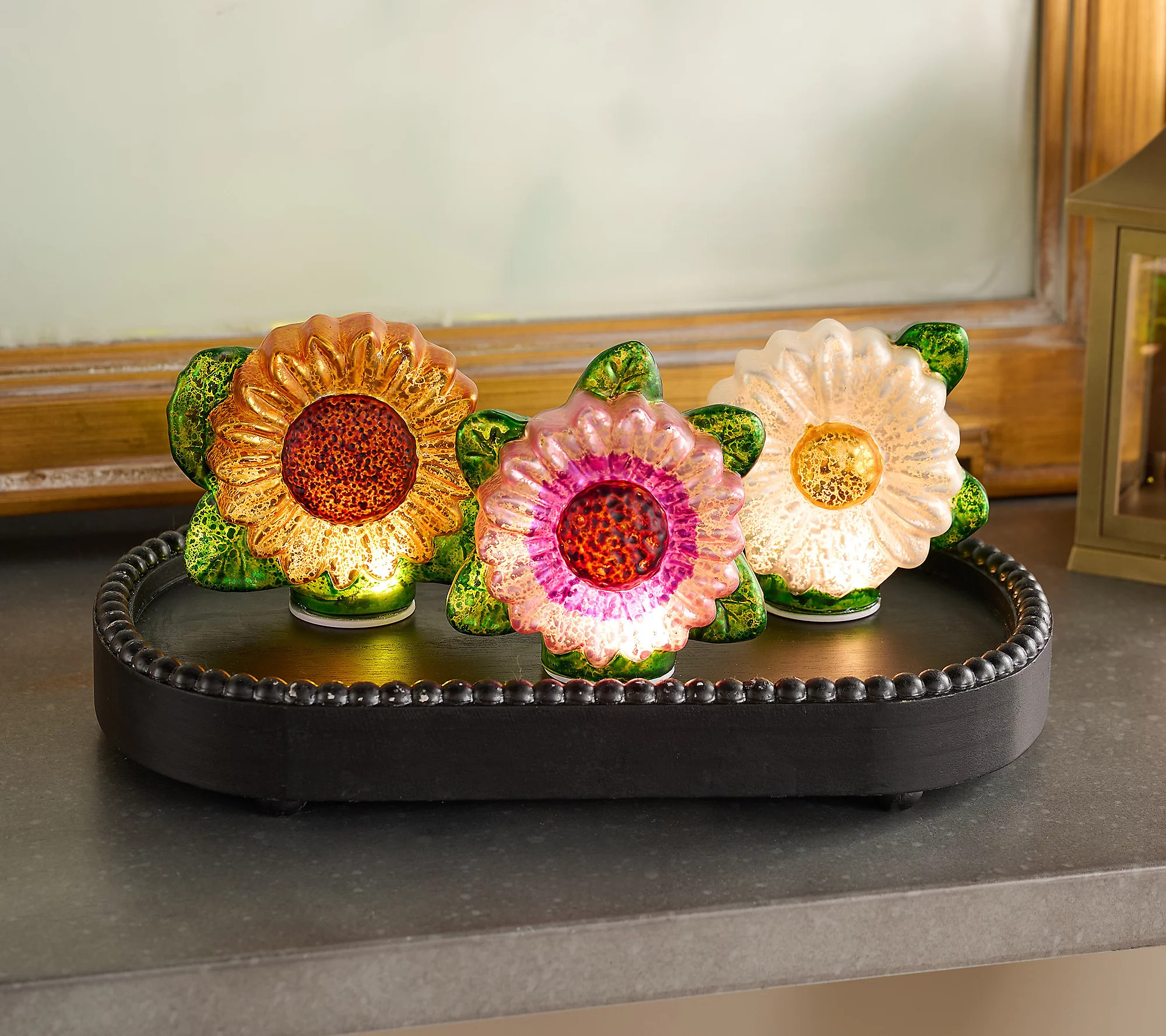 Set of 3 Illuminated Mercury Glass Flowers by Valerie | QVC