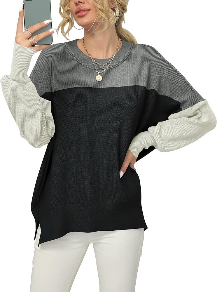 ANRABESS Women Crewneck Batwing Sleeve 2023 Fall Oversized Side Slit Ribbed Knit Pullover Sweater To | Amazon (US)