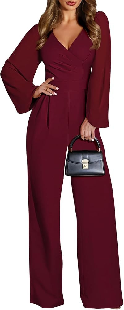 Pink Queen Jumpsuits for Women Dressy Patchwork Chiffon Sleeve V Neck Wide Leg Romper Elegant Par... | Amazon (US)
