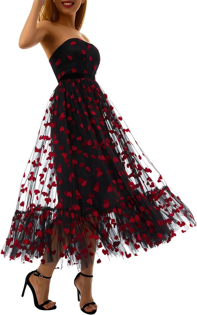 Women Love Heart Print Tulle Dress Sleeveless Strapless Off Shoulder Mesh Sexy Maxi Dress Swing T... | Amazon (US)