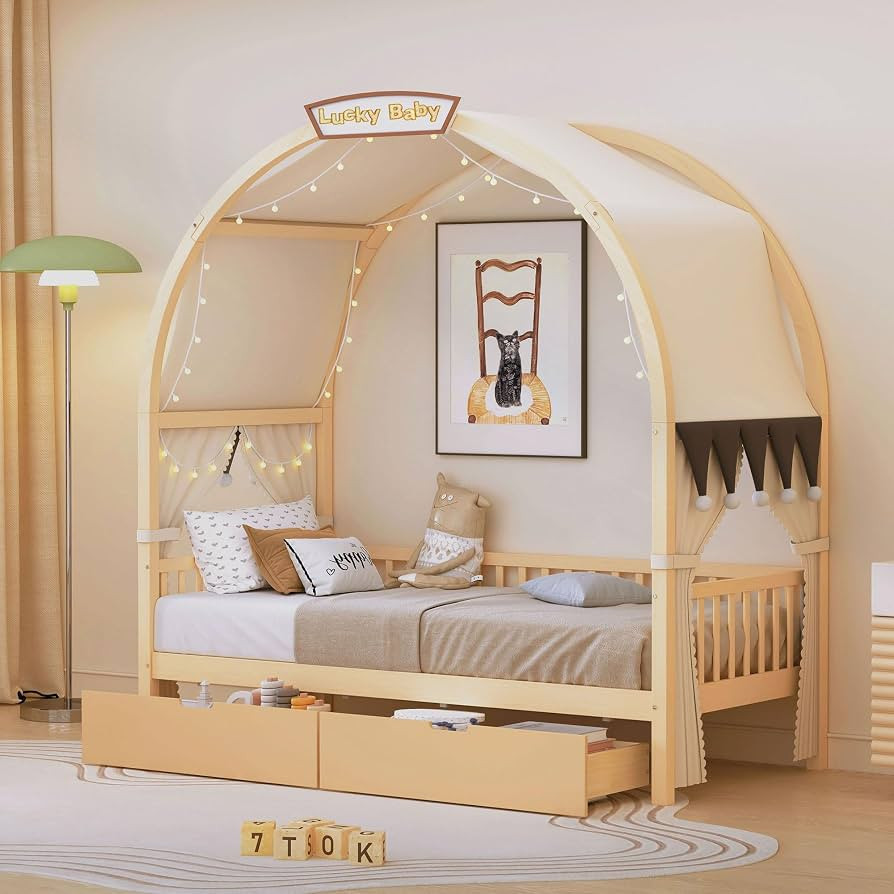 DNYN Twin Size Daybed with 2 Drawers for Kids Bedroom,House Shaped Wooden Platform & Canopy Bedfr... | Amazon (US)