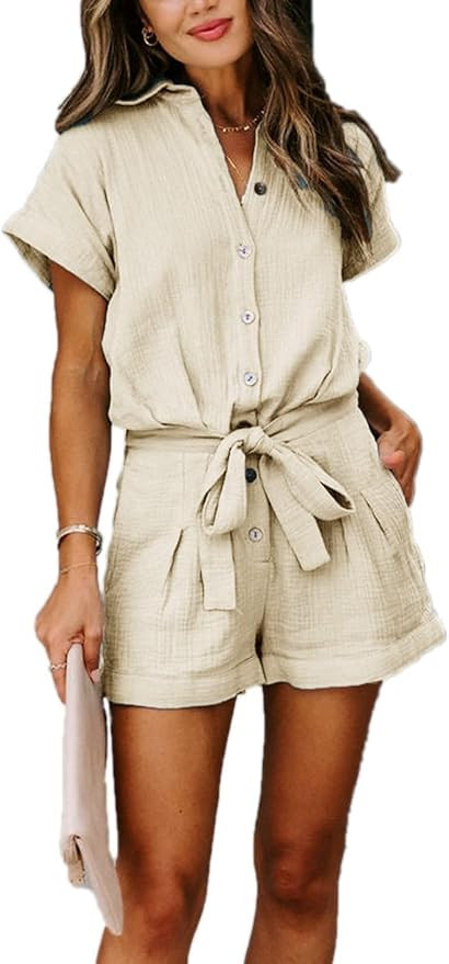 Paintcolors Women's Summer Short Sleeve Button Down Pockets Belted Elastic Waist Solid Color Jump... | Amazon (US)
