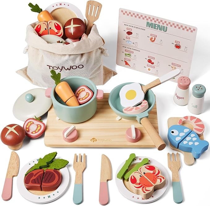 Wooden Play Kitchen Accessories Pretend Toy Pots and Pans Sets for Kids Kitchen Playset with Toy ... | Amazon (US)