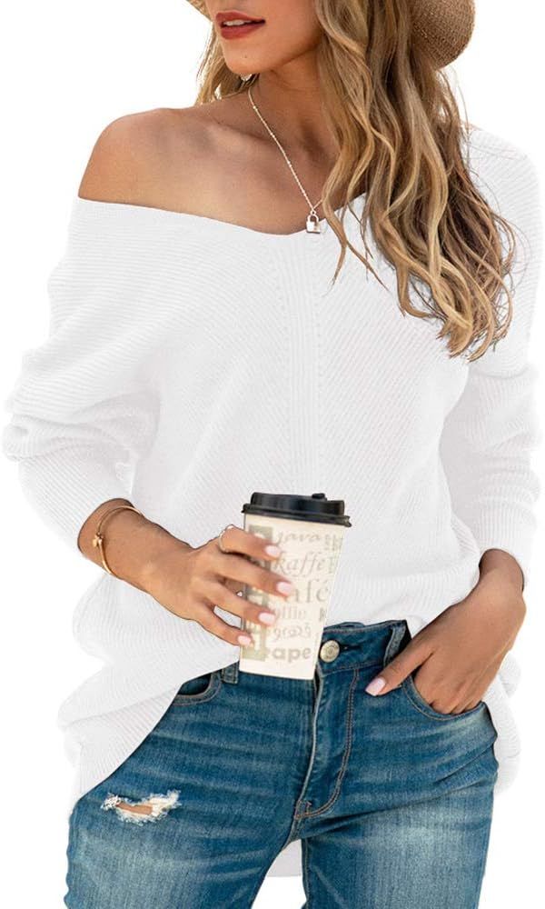 Women's Batwing Sleeve Dolman Ribbed Knit Sweaters Oversized V-Neck Pullover Tops | Amazon (US)