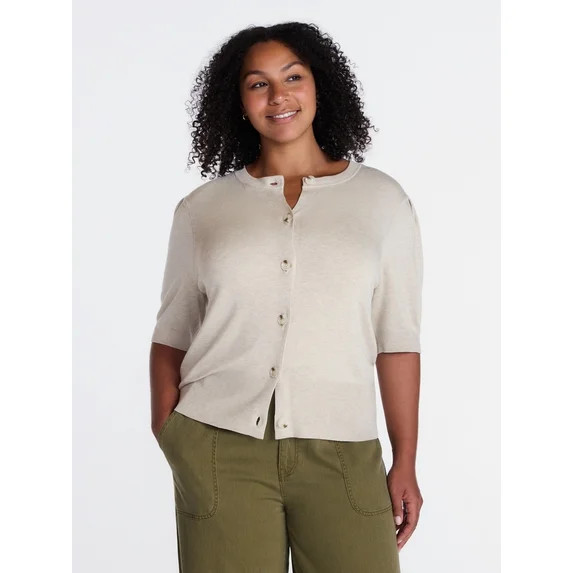 Time and Tru Women's Crewneck Cardigan with Short Sleeves, Lightweight, Sizes XS-XXXL | Walmart (US)