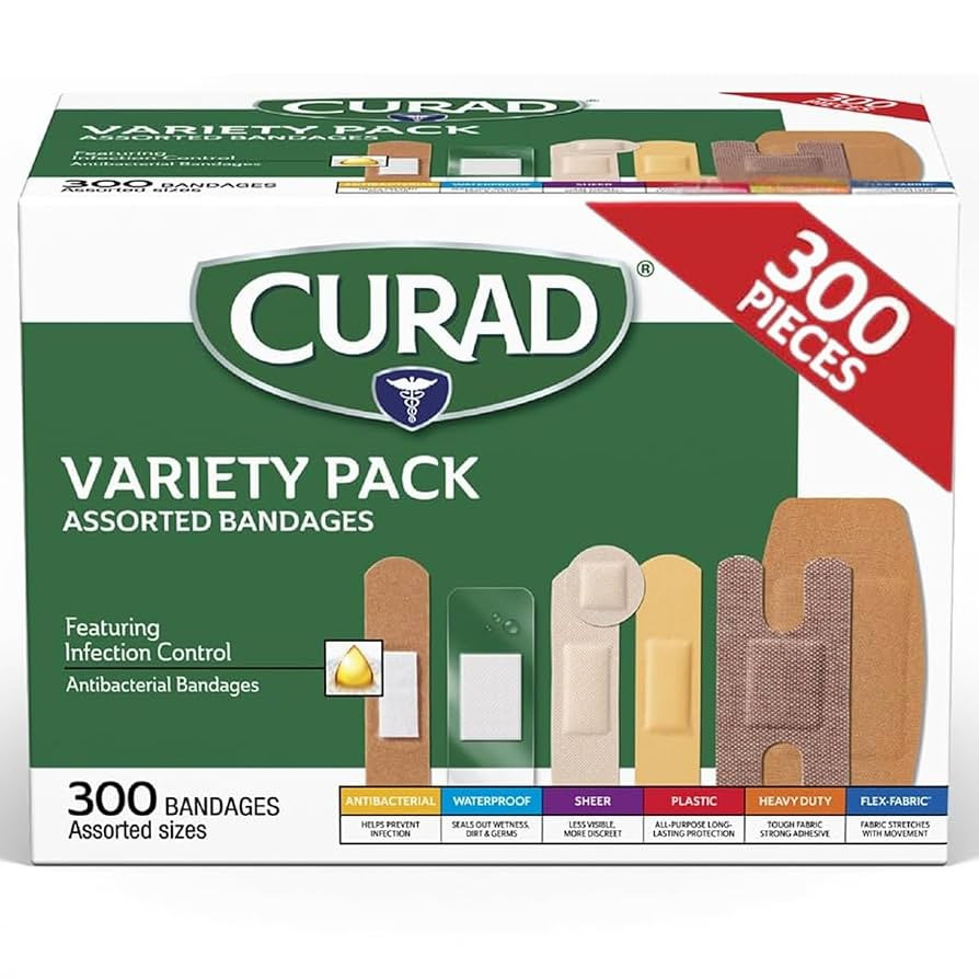 CURAD Assorted Bandages Variety Pack, 300 Count, 6 Styles Including Antibacterial, Waterproof, Sh... | Amazon (US)
