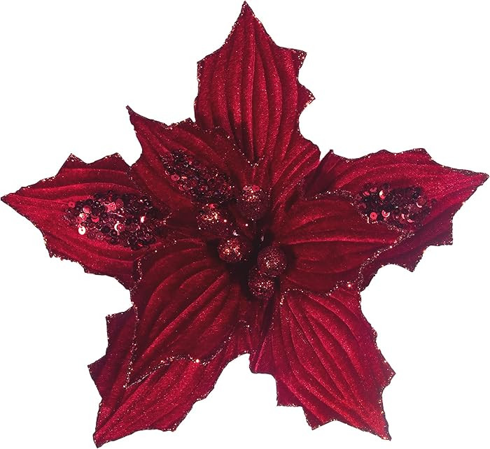 KI Store Red Velvet Christmas Tree Flower Decoration 6pcs 10-Inch Sequined Christmas Poinsettia F... | Amazon (US)