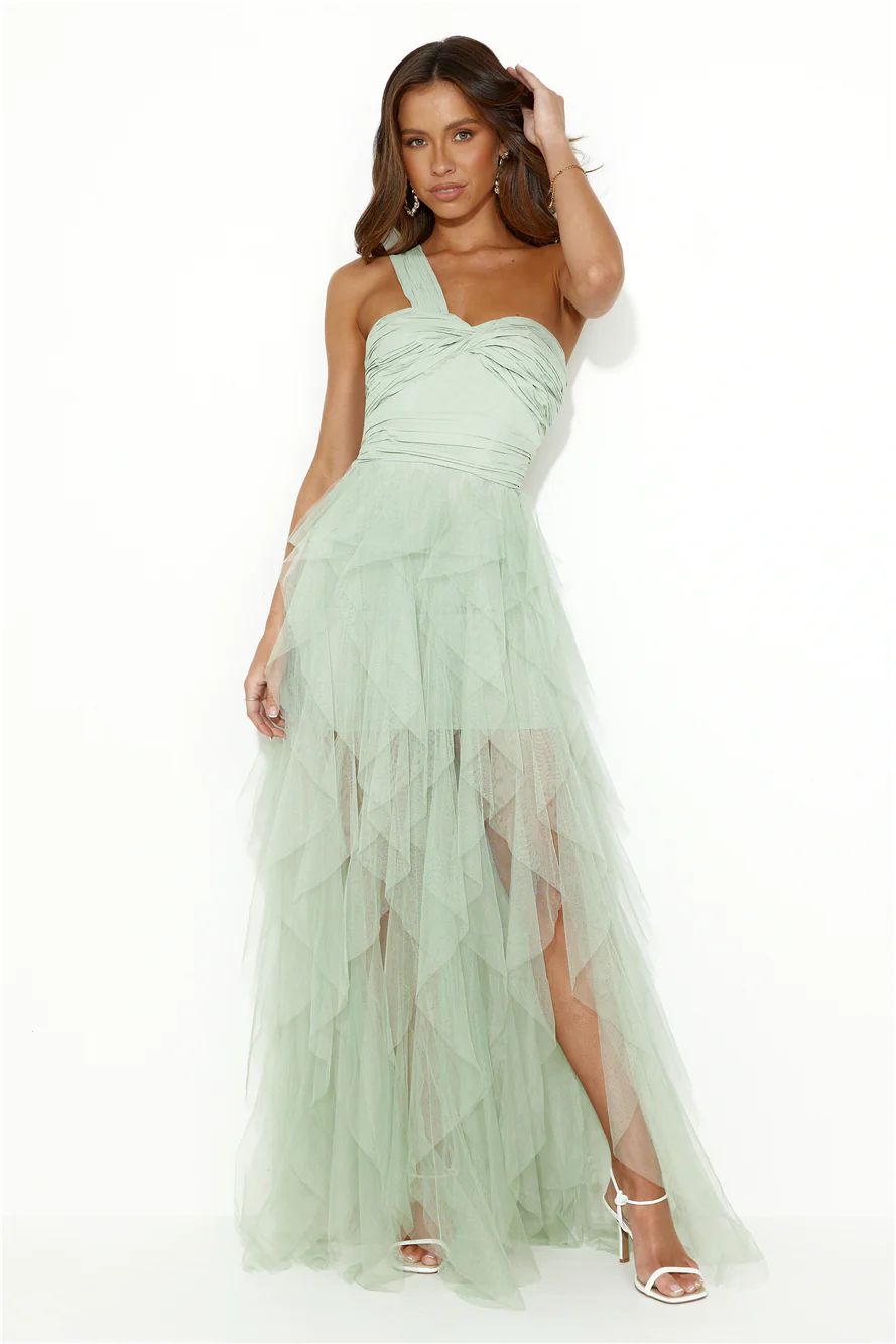 Extravagance Is Me One Shoulder Tulle Maxi Dress Sage | Hello Molly