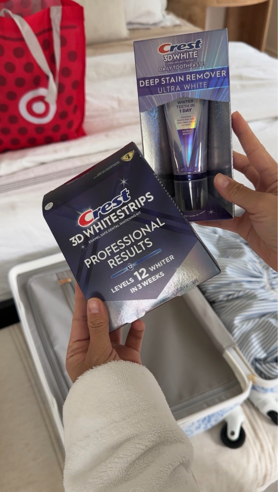 #ad My favorite travel accessory? A bright, confident smile. ✨ Before every trip, I use @crest 3D Deep Stain Remover Toothpaste for a quick whitening boost and touch up with Crest 3D Whitestrips for professional-level results that last up to 12 months. Both are @target favorites that are always in my pre-vacation routine! 🤍✈️ #TargetPartner #OralCareRoutine  @Shop.LTK #liketkit