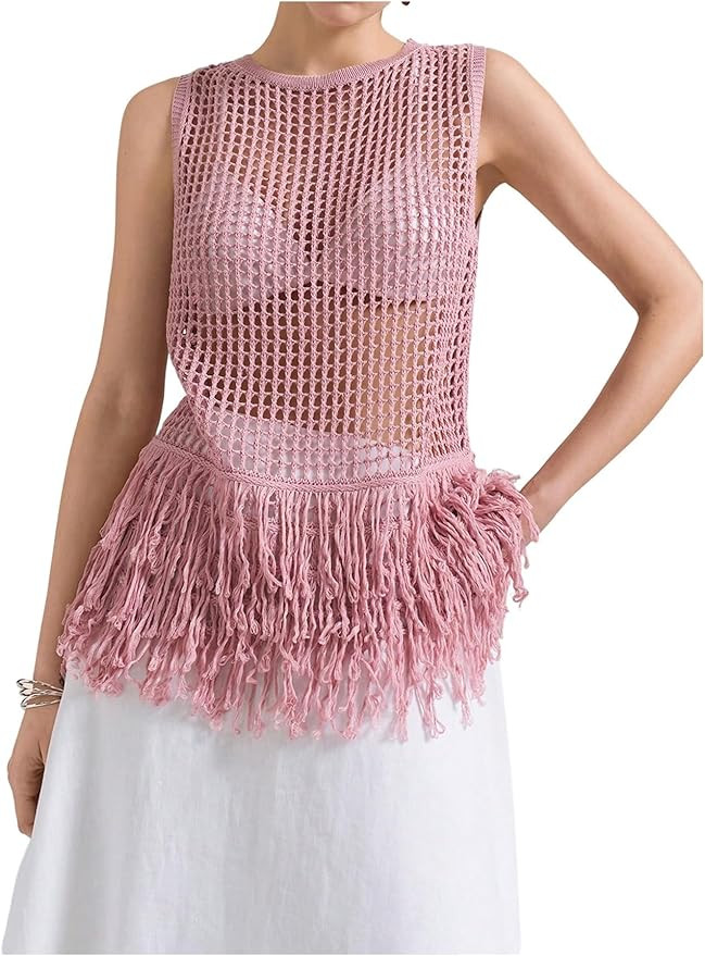 Milumia Women's Hollow Out Fringe Knitted Tank Top Sexy Sheer Sleeveless Long Sweater Vests | Amazon (US)
