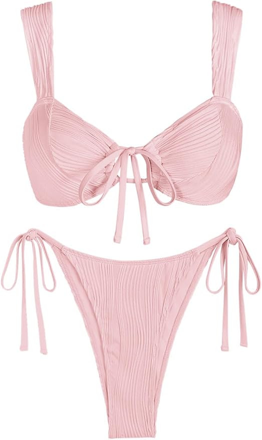 seamoly Bikini Sets for Women Ribbed Cutout Swimsuit Cheeky High Cut Side Tie Thong Bathing Suit ... | Amazon (US)