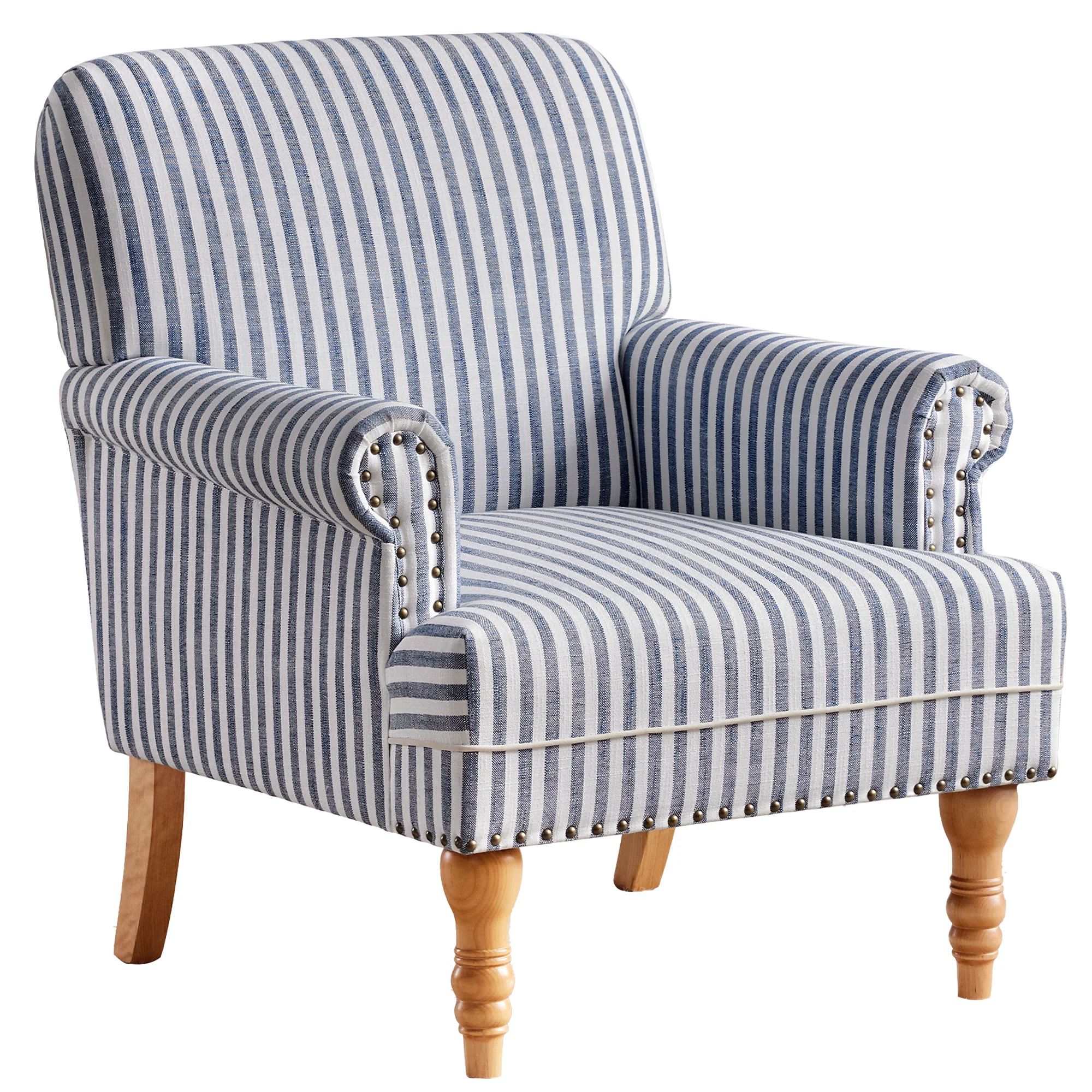 Upholstered Accent Chair, Linen Fabric Armchair Dark Blue and White Stripe Woven,Mid Century Mode... | Walmart (US)